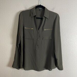 Express Womens Medium Pullover Blouse Zipper Pockets Roll Tab Sleeve Shirt Green